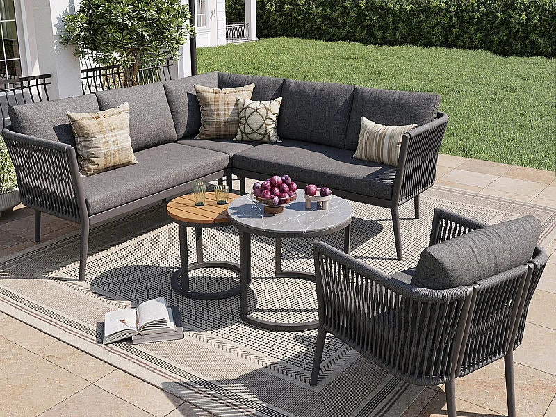 Tuinsalon, meubelset voor 5-6 plaatsen, van PE-rotan, touwwerk, van gegalvaniseerd ijzer, hoekbank, 2 salontafels, Grijs