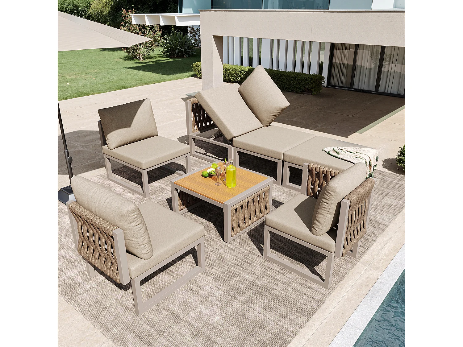 Salon ogrodowy, zestaw mebli, lin, na 5 osób - kanapa narożna - stolik kawowy i drewniany blat - z żelaza ocynkowanego, Beżowy