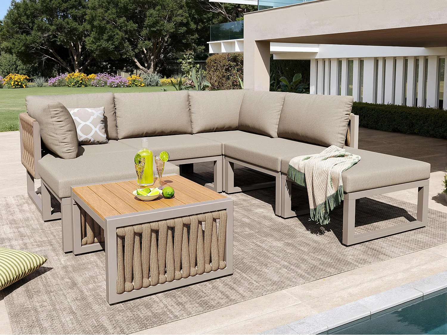 Garten-Salon, Möbelset, Tauwerk, für 5 Personen - Ecksofa - Beistelltisch und Holzplatte - aus verzinktem Eisen, Beige