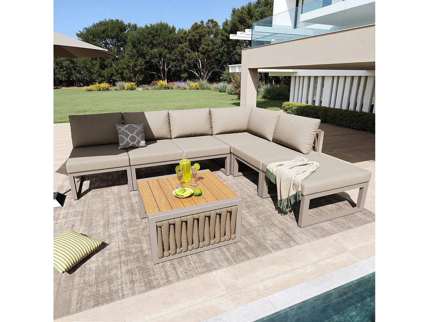 Garten-Salon, Möbelset, Tauwerk, für 5 Personen - Ecksofa - Beistelltisch und Holzplatte - aus verzinktem Eisen, Beige