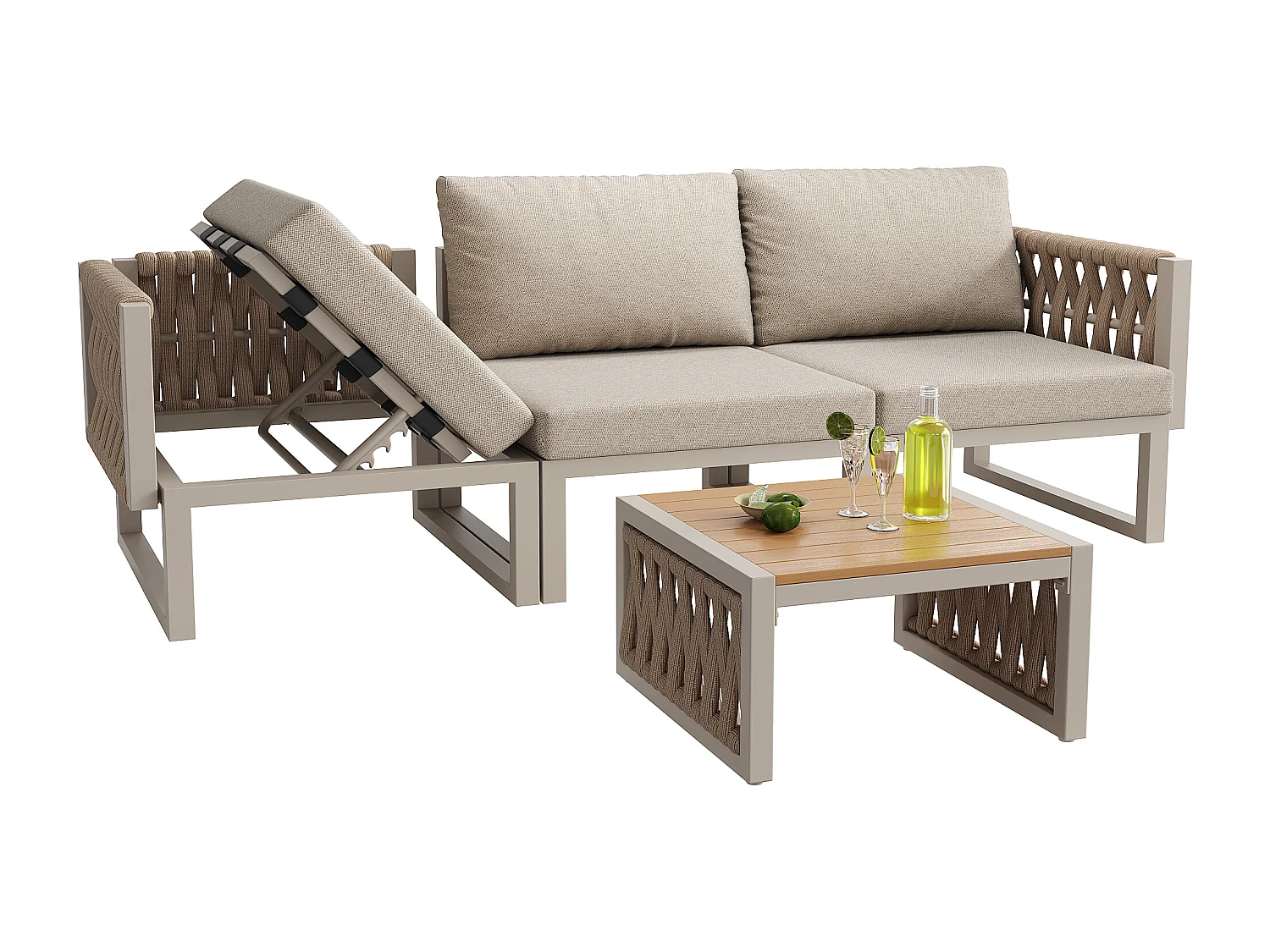 Garten-Salon, Möbelset, Tauwerk, für 5 Personen - Ecksofa - Beistelltisch und Holzplatte - aus verzinktem Eisen, Beige