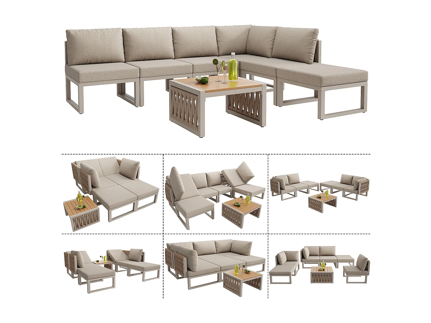 Garten-Salon, Möbelset, Tauwerk, für 5 Personen - Ecksofa - Beistelltisch und Holzplatte - aus verzinktem Eisen, Beige