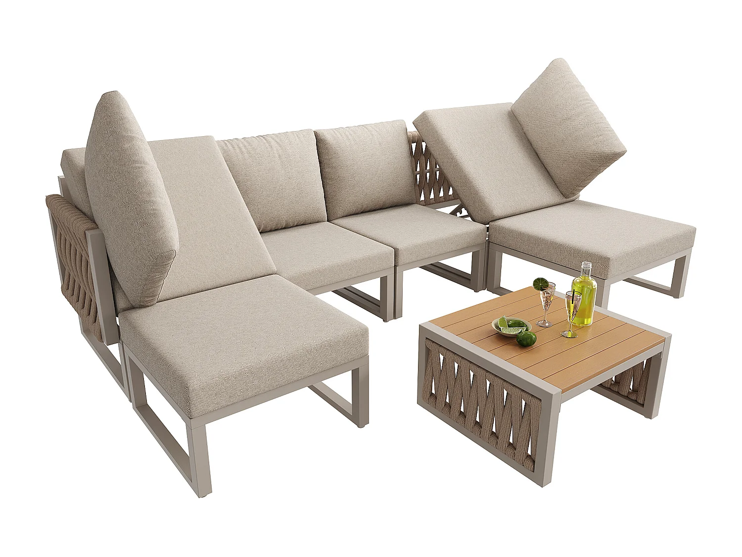 Garten-Salon, Möbelset, Tauwerk, für 5 Personen - Ecksofa - Beistelltisch und Holzplatte - aus verzinktem Eisen, Beige