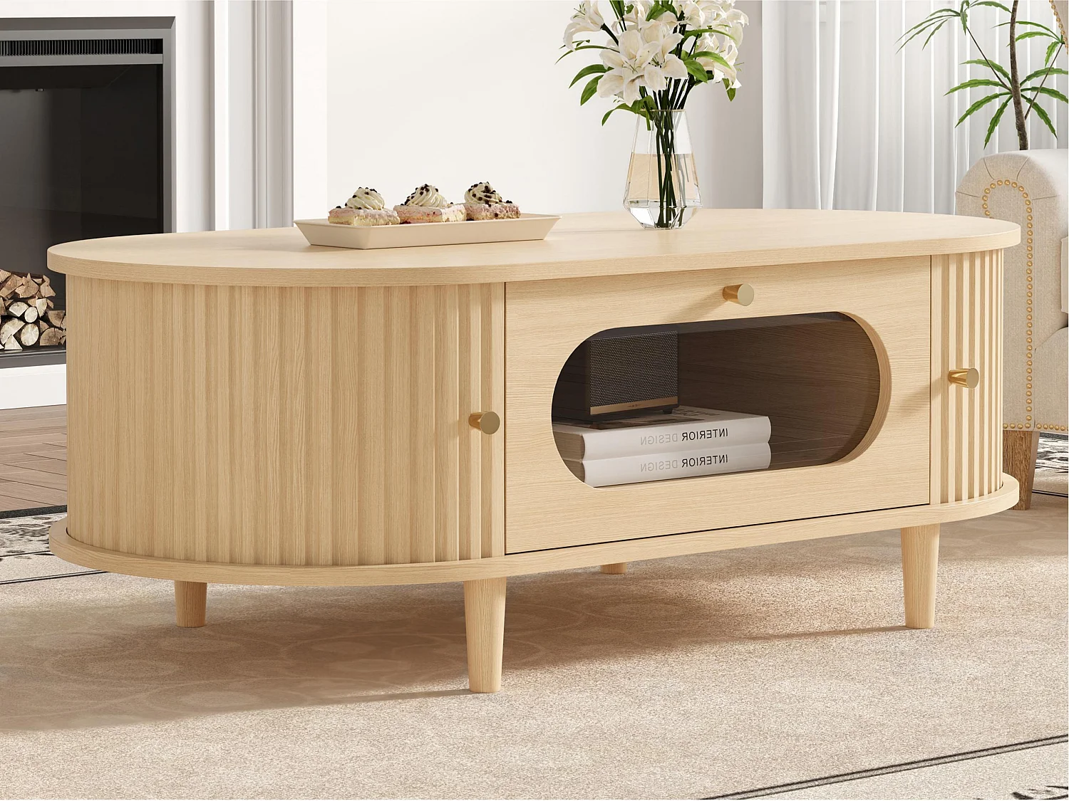 Beistelltisch aus Holzoptik-MDF 100x50x36 cm - 1 Schublade und 2 Schiebetüren - MDF - Natur