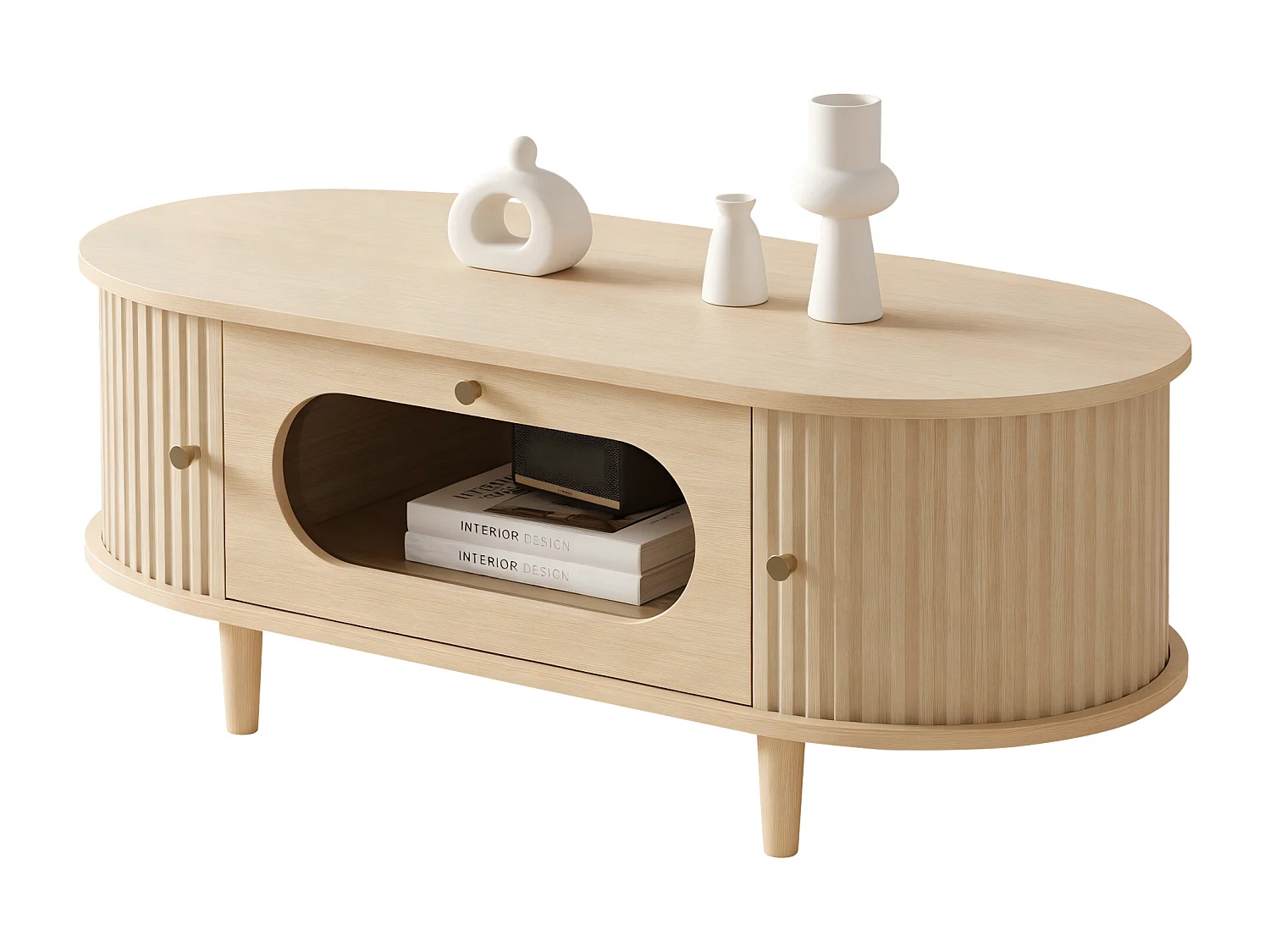 Beistelltisch aus Holzoptik-MDF 100x50x36 cm - 1 Schublade und 2 Schiebetüren - MDF - Natur