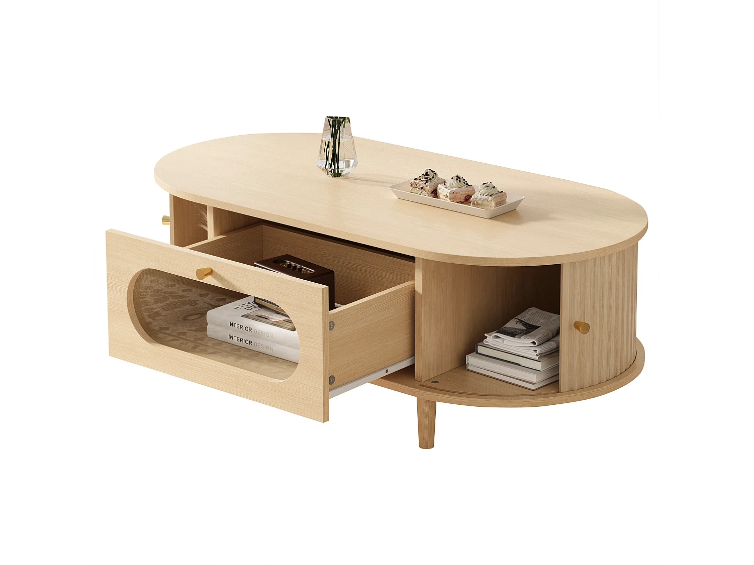 Beistelltisch aus Holzoptik-MDF 100x50x36 cm - 1 Schublade und 2 Schiebetüren - MDF - Natur