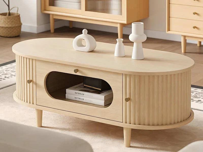 Beistelltisch aus Holzoptik-MDF 100x50x36 cm - 1 Schublade und 2 Schiebetüren - MDF - Natur