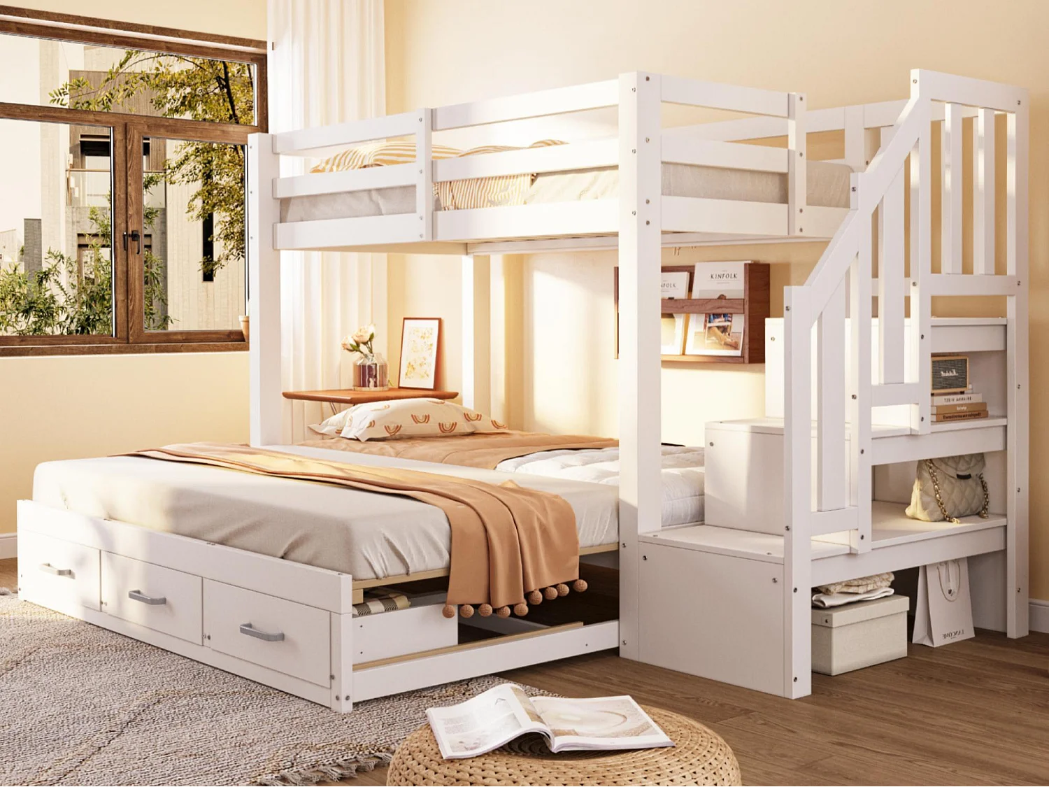 Etagenbett für Kinder 90 x 200 cm - mit Aufstiegsleiter mit Stauraum - mit 3 Schubladen - mit Gästebett - weiß​ (Matratze nicht inbegriffen)