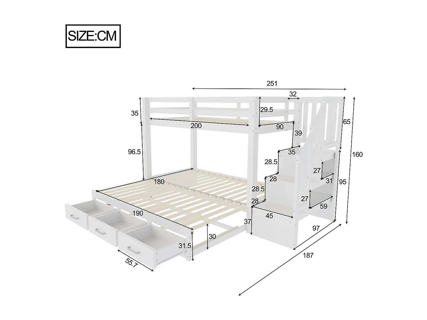 Etagenbett für Kinder 90 x 200 cm - mit Aufstiegsleiter mit Stauraum - mit 3 Schubladen - mit Gästebett - weiß​ (Matratze nicht inbegriffen)