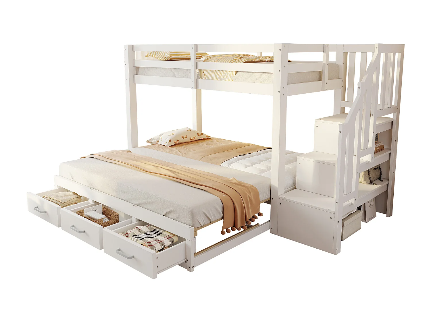 Etagenbett für Kinder 90 x 200 cm - mit Aufstiegsleiter mit Stauraum - mit 3 Schubladen - mit Gästebett - weiß​ (Matratze nicht inbegriffen)