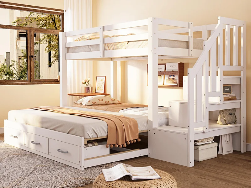 Etagenbett für Kinder 90 x 200 cm - mit Aufstiegsleiter mit Stauraum - mit 3 Schubladen - mit Gästebett - weiß​ (Matratze nicht inbegriffen)