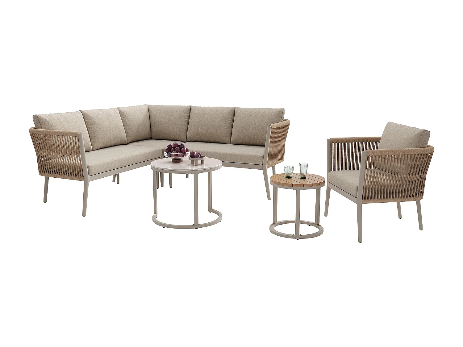 Salon de jardin, ensemble de meubles pour 5-6 places, en rotin PE, cordage, en fer galvanisé, canapé d'angle, 2 table basse, Beige