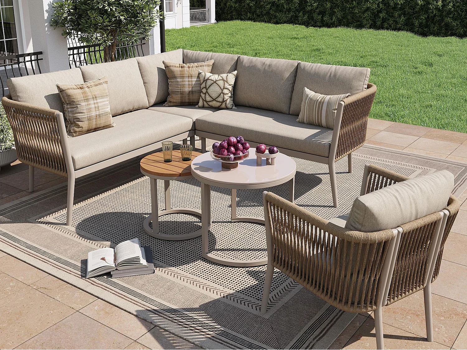 Salon de jardin, ensemble de meubles pour 5-6 places, en rotin PE, cordage, en fer galvanisé, canapé d'angle, 2 table basse, Beige