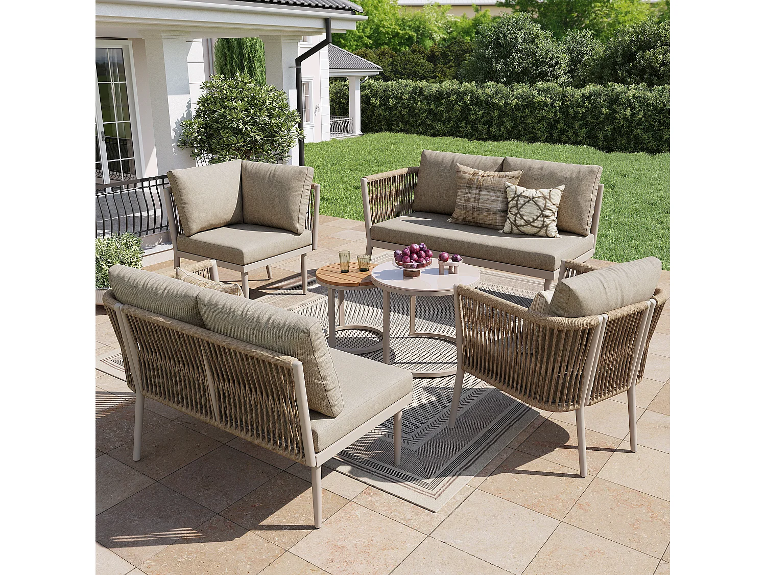 Salon de jardin, ensemble de meubles pour 5-6 places, en rotin PE, cordage, en fer galvanisé, canapé d'angle, 2 table basse, Beige