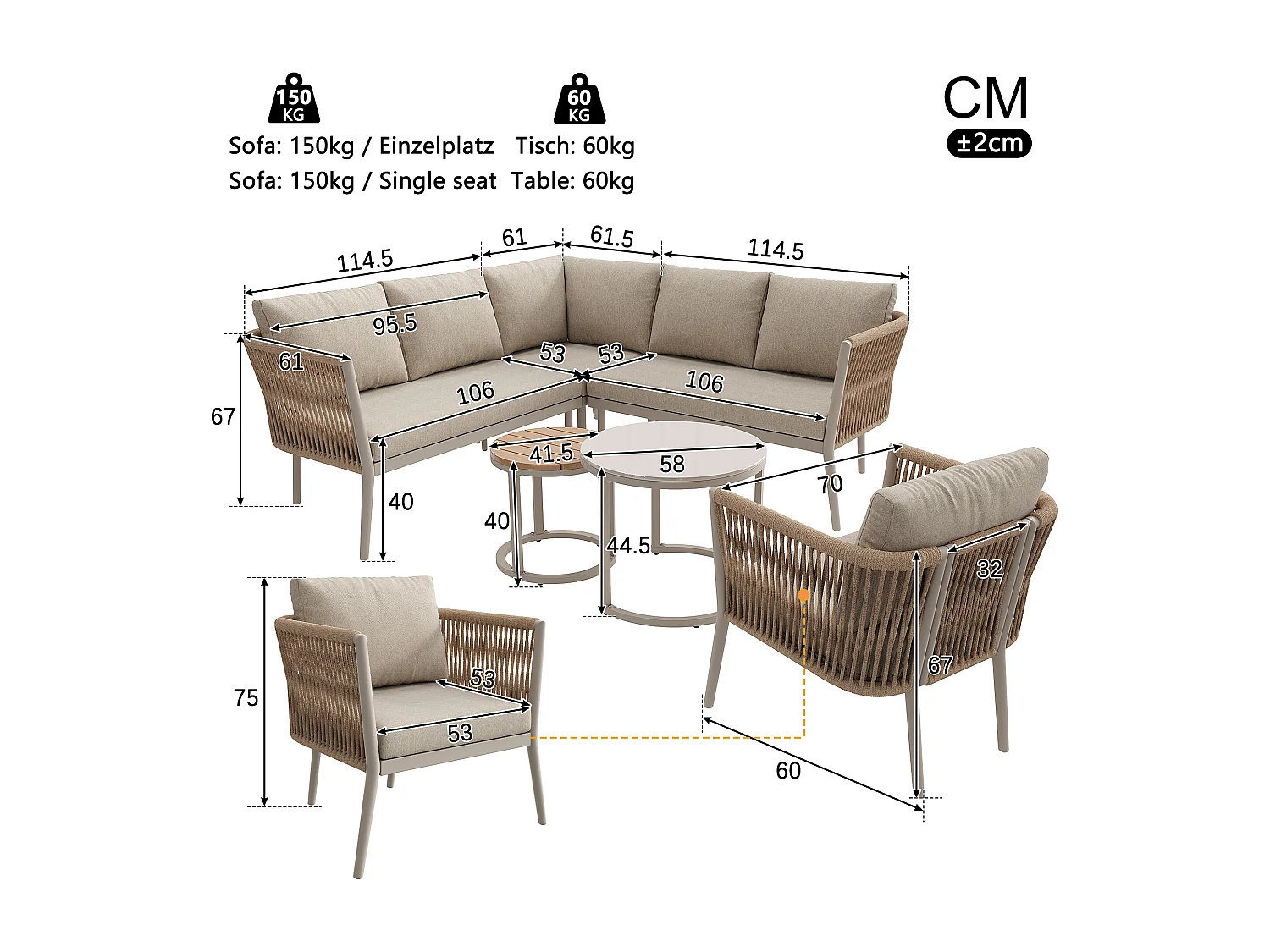 Salon de jardin, ensemble de meubles pour 5-6 places, en rotin PE, cordage, en fer galvanisé, canapé d'angle, 2 table basse, Beige