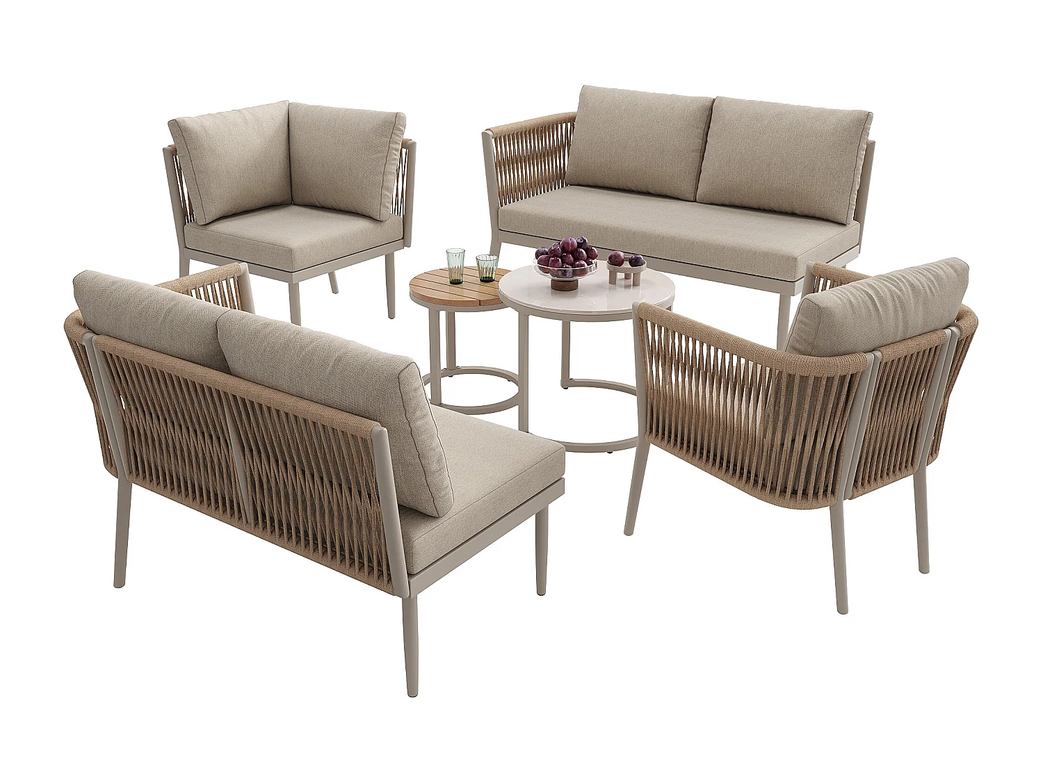 Salon de jardin, ensemble de meubles pour 5-6 places, en rotin PE, cordage, en fer galvanisé, canapé d'angle, 2 table basse, Beige