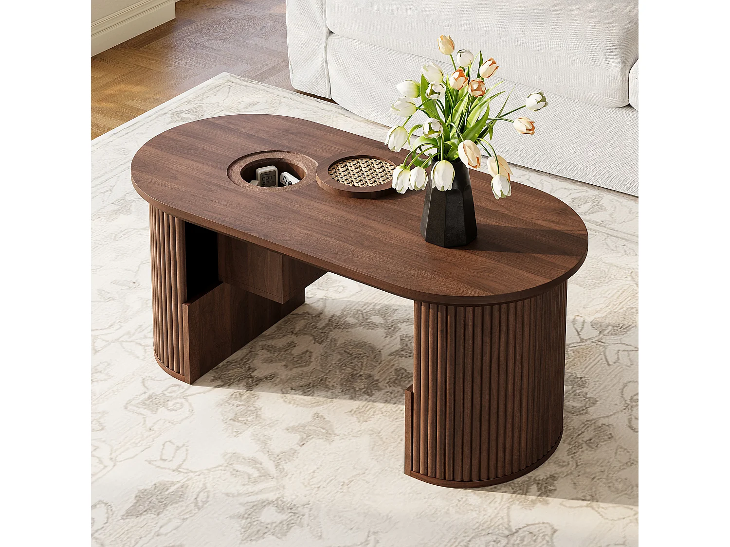 Ovaler Beistelltisch 105x50x46,5 cm - Retro-Stil - Offener Stauraum - MDF - Braun