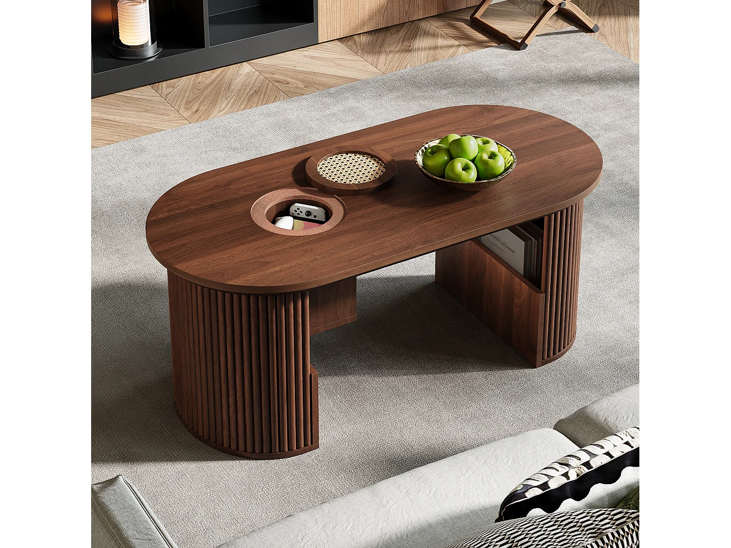 Ovaler Beistelltisch 105x50x46,5 cm - Retro-Stil - Offener Stauraum - MDF - Braun