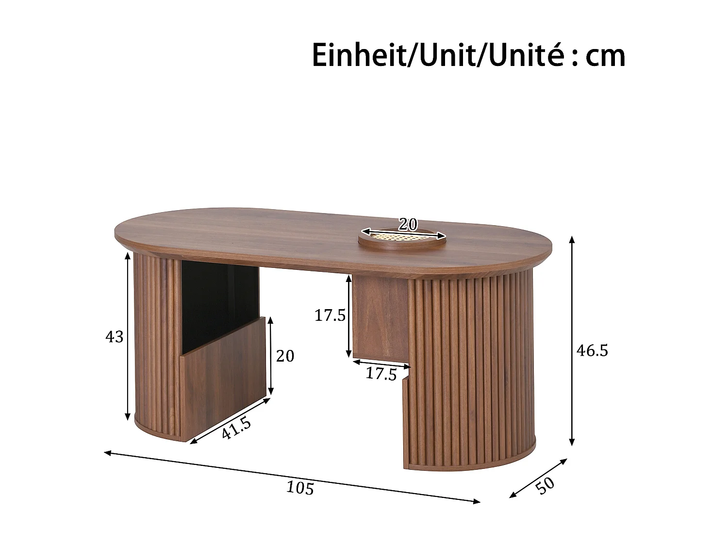 Ovaler Beistelltisch 105x50x46,5 cm - Retro-Stil - Offener Stauraum - MDF - Braun