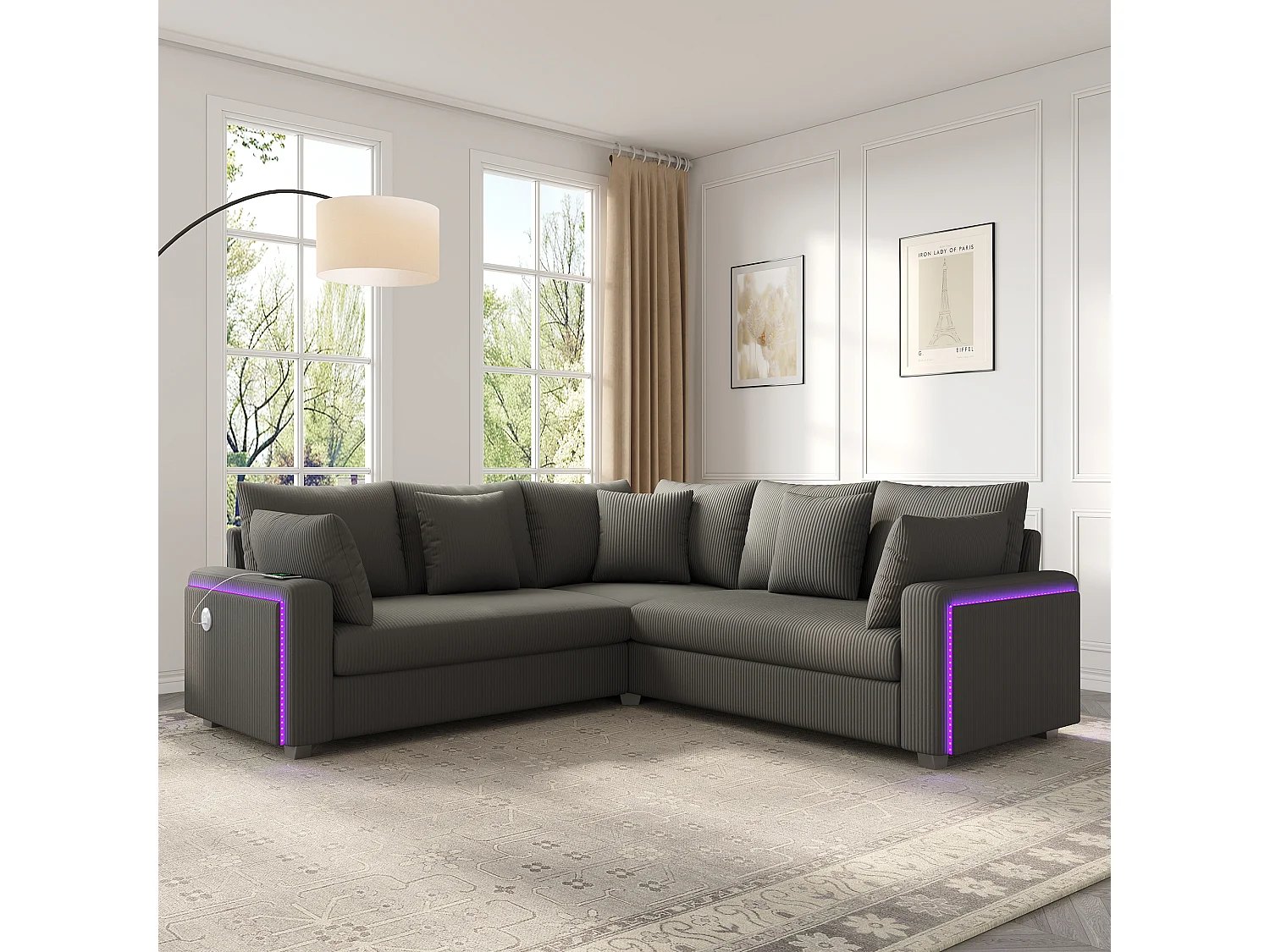 Canapé d'angle en L - 4 places - avec éclairage LED - port de chargement USB - velours côtelé - gris