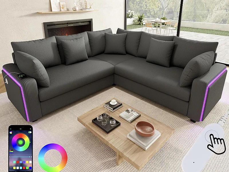 Canapé d'angle en L - 4 places - avec éclairage LED - port de chargement USB - velours côtelé - gris