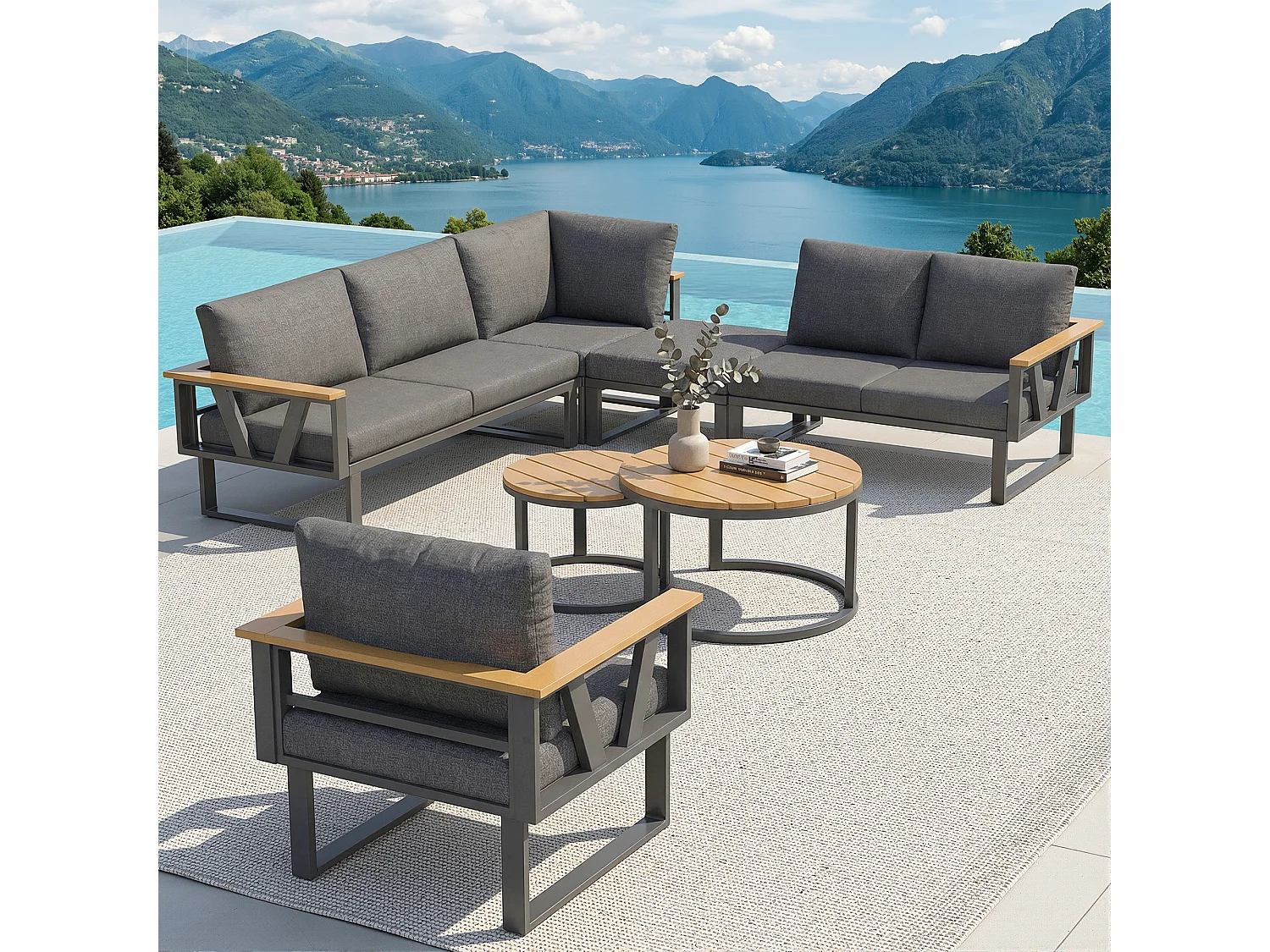 Salon de jardin - 6-7 places - en fer galvanisé - canapé d'angle - avec table basse gigogne - en bois plastique - fauteuil - repose-pieds, Gris