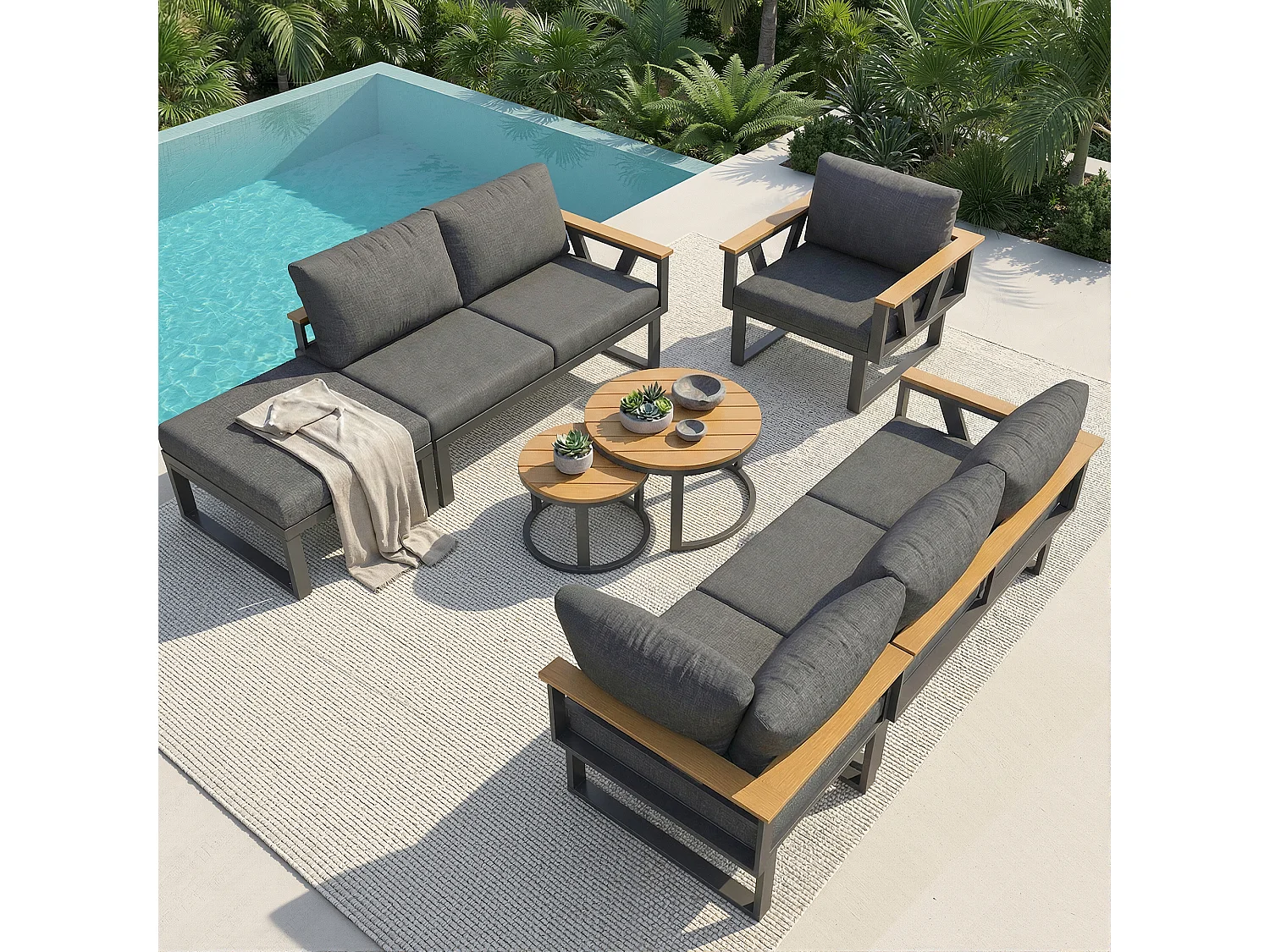 Salon de jardin - 6-7 places - en fer galvanisé - canapé d'angle - avec table basse gigogne - en bois plastique - fauteuil - repose-pieds, Gris