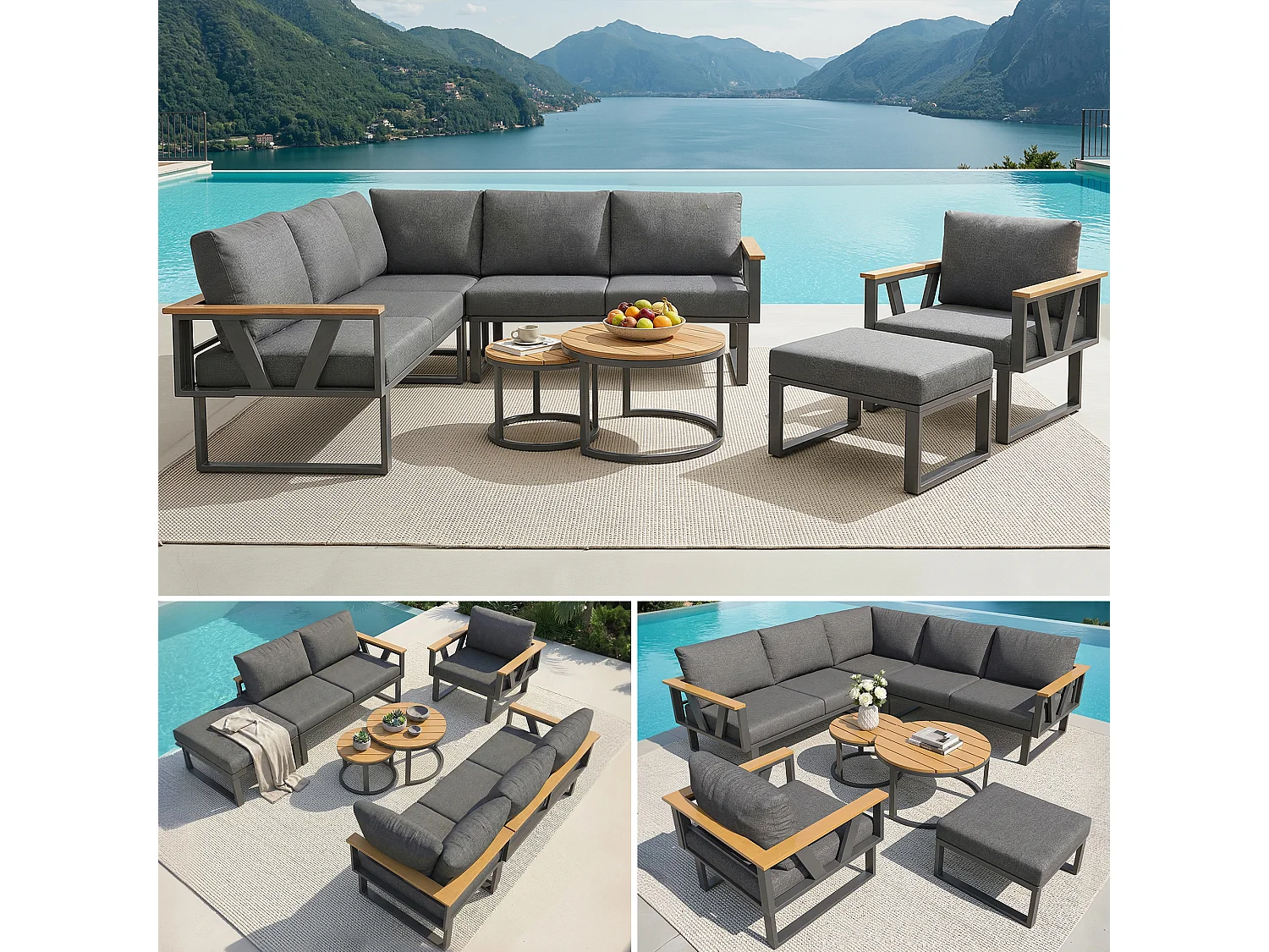 Salon de jardin - 6-7 places - en fer galvanisé - canapé d'angle - avec table basse gigogne - en bois plastique - fauteuil - repose-pieds, Gris