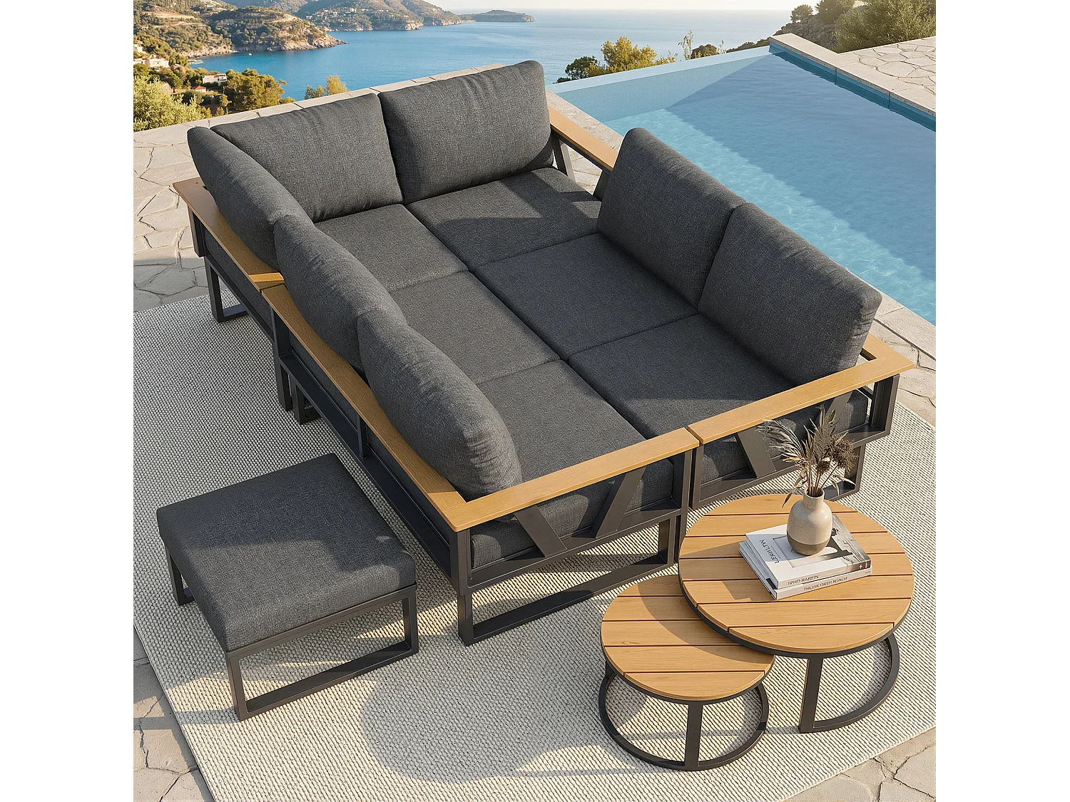 Salon de jardin - 6-7 places - en fer galvanisé - canapé d'angle - avec table basse gigogne - en bois plastique - fauteuil - repose-pieds, Gris