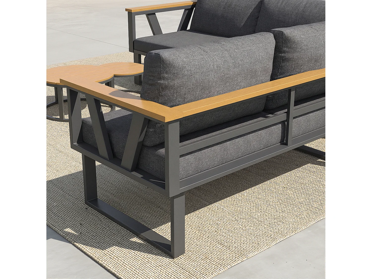 Salon de jardin - 6-7 places - en fer galvanisé - canapé d'angle - avec table basse gigogne - en bois plastique - fauteuil - repose-pieds, Gris