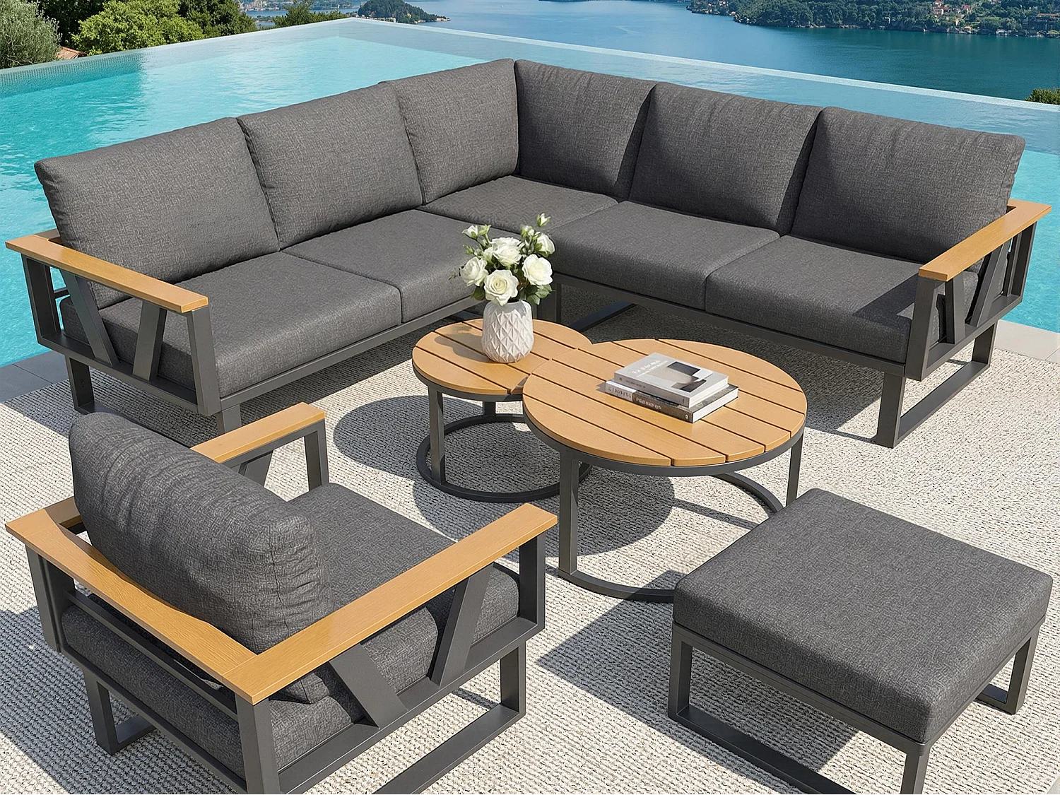 Tuinsalon - 6-7 zitplaatsen - van gegalvaniseerd ijzer - hoekbank - met nest bijzettafeltje - van kunsthout - fauteuil - voetenbankje, Grijs