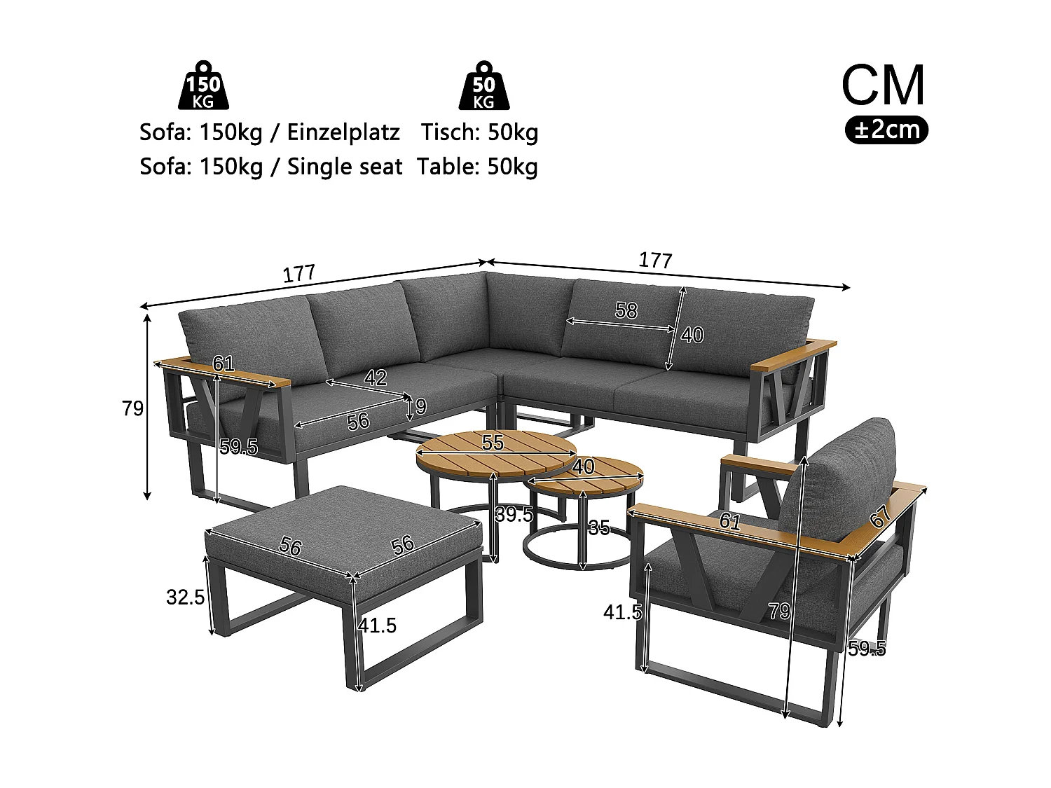 Tuinsalon - 6-7 zitplaatsen - van gegalvaniseerd ijzer - hoekbank - met nest bijzettafeltje - van kunsthout - fauteuil - voetenbankje, Grijs