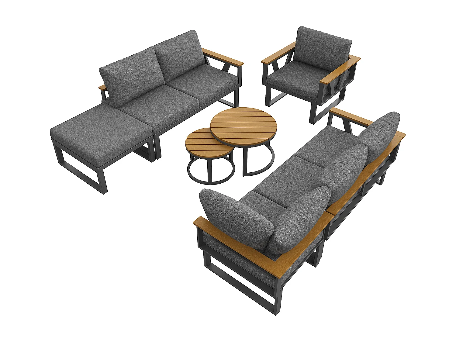 Tuinsalon - 6-7 zitplaatsen - van gegalvaniseerd ijzer - hoekbank - met nest bijzettafeltje - van kunsthout - fauteuil - voetenbankje, Grijs