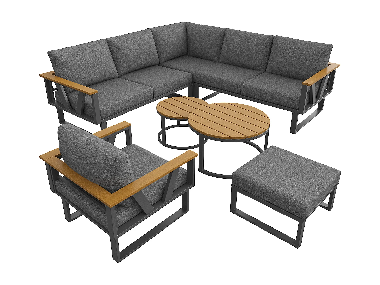 Tuinsalon - 6-7 zitplaatsen - van gegalvaniseerd ijzer - hoekbank - met nest bijzettafeltje - van kunsthout - fauteuil - voetenbankje, Grijs