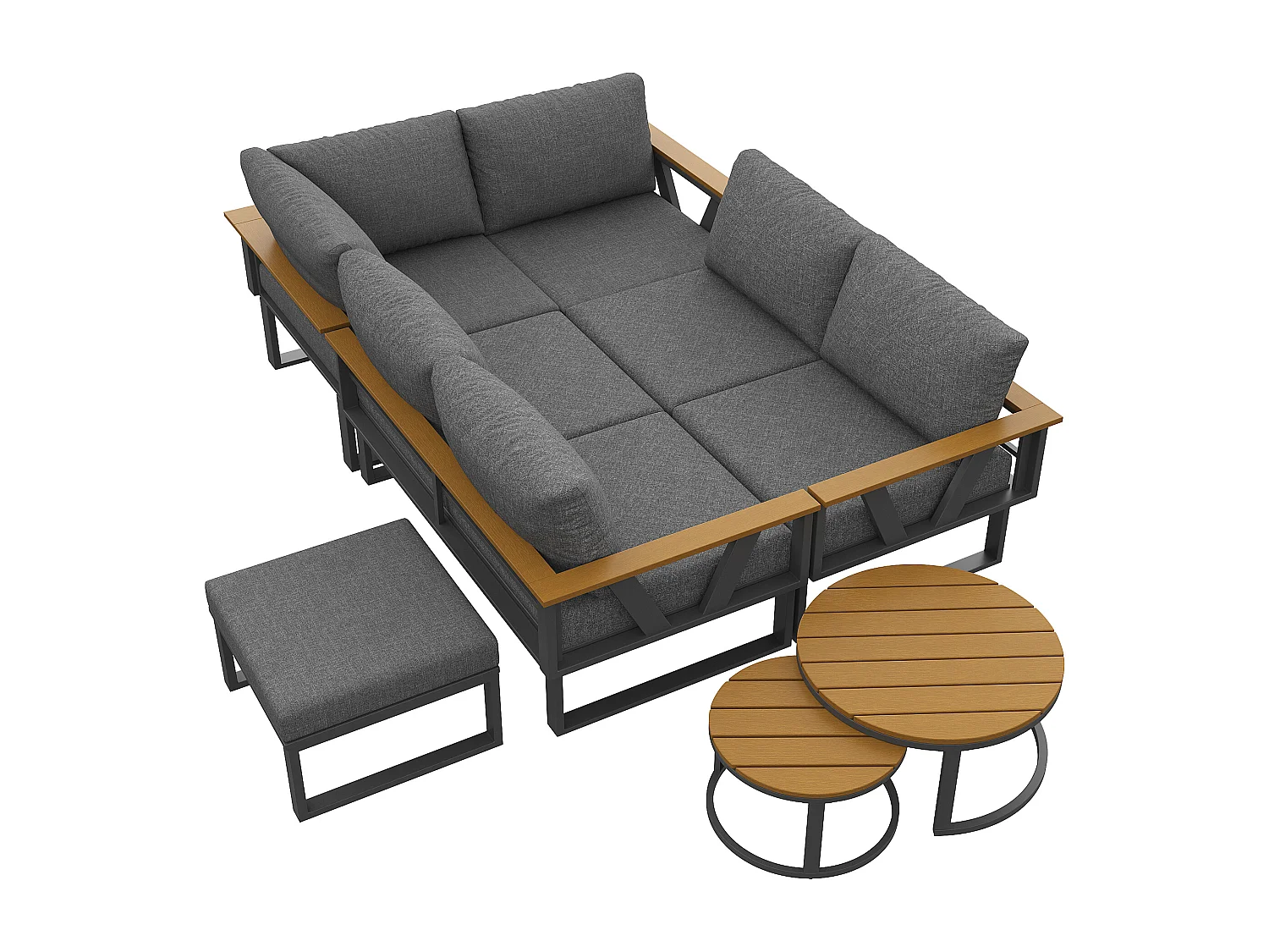 Tuinsalon - 6-7 zitplaatsen - van gegalvaniseerd ijzer - hoekbank - met nest bijzettafeltje - van kunsthout - fauteuil - voetenbankje, Grijs