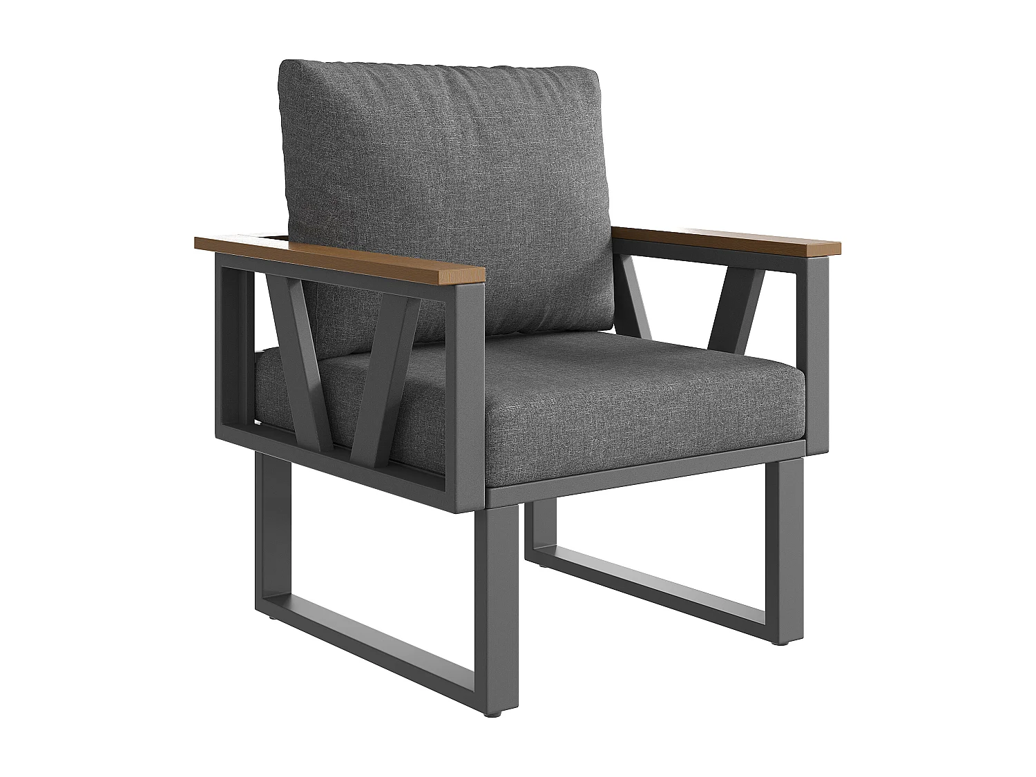 Tuinsalon - 6-7 zitplaatsen - van gegalvaniseerd ijzer - hoekbank - met nest bijzettafeltje - van kunsthout - fauteuil - voetenbankje, Grijs