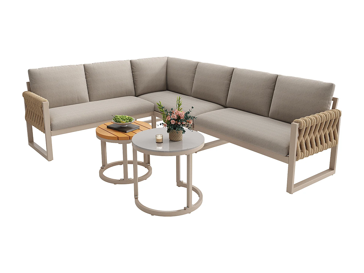 Salon ogrodowy, zestaw mebli na 5-6 osób, lin, z żelaza ocynkowanego, kanapa narożna, 2 stoliki kawowe, Beżowy