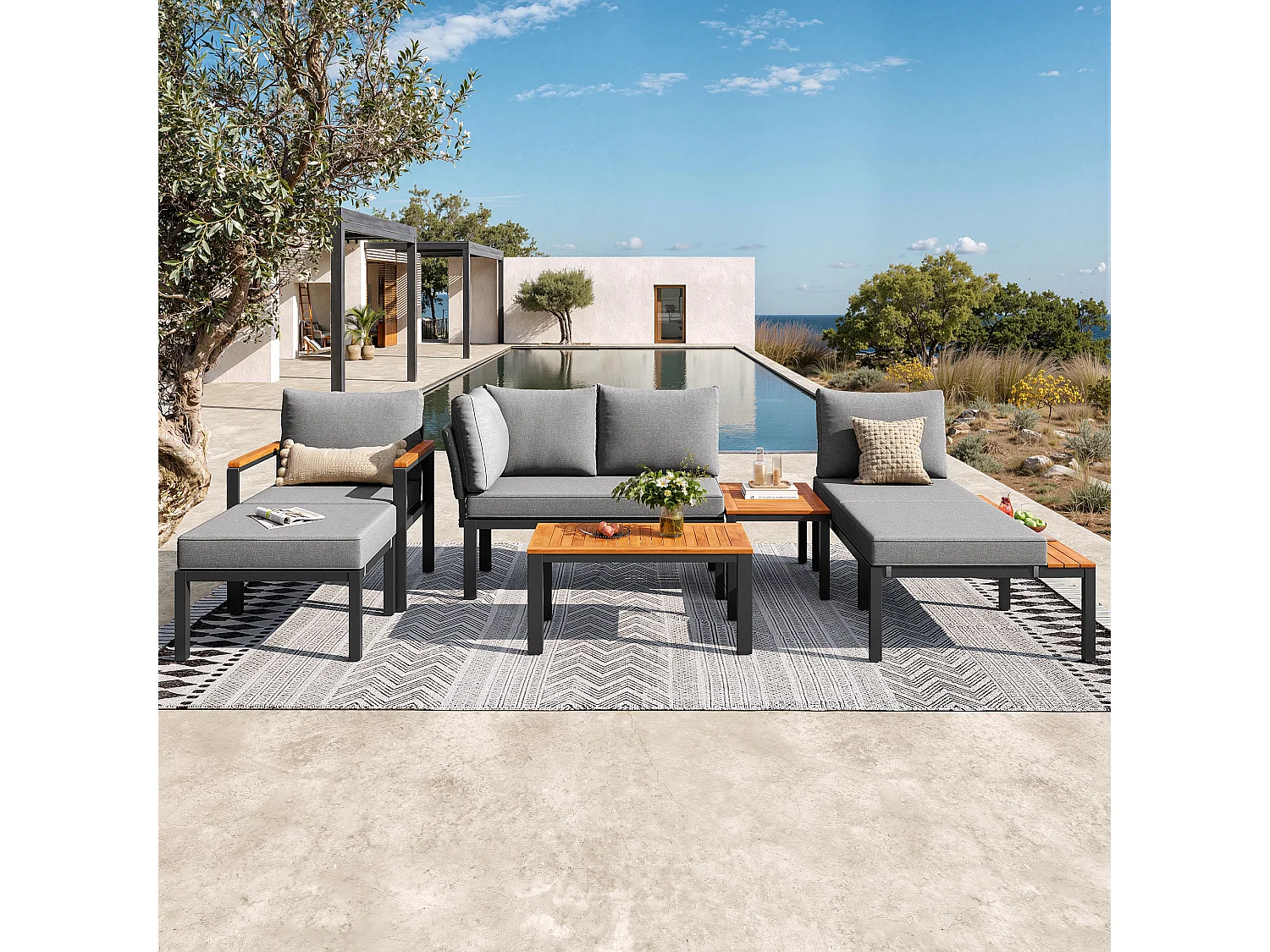 Ensemble de salon de jardin modulable - pour 6-7 personnes - structure en fer galvanisé - avec table basse et repose-pieds - Gris