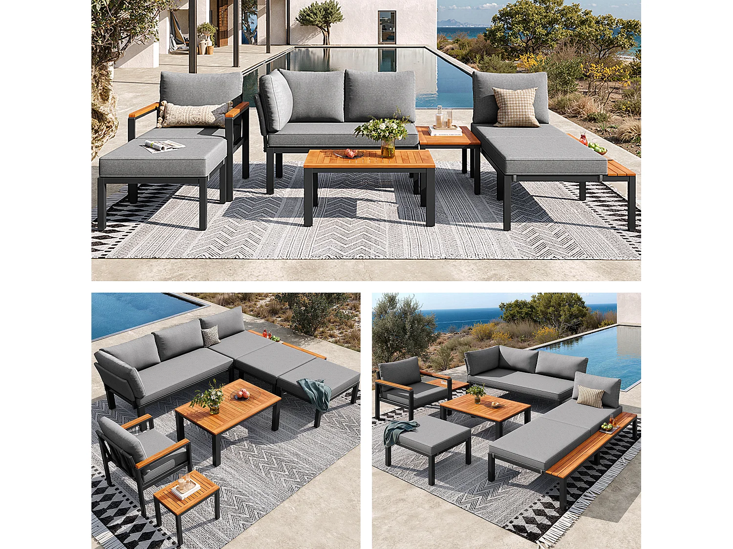 Ensemble de salon de jardin modulable - pour 6-7 personnes - structure en fer galvanisé - avec table basse et repose-pieds - Gris