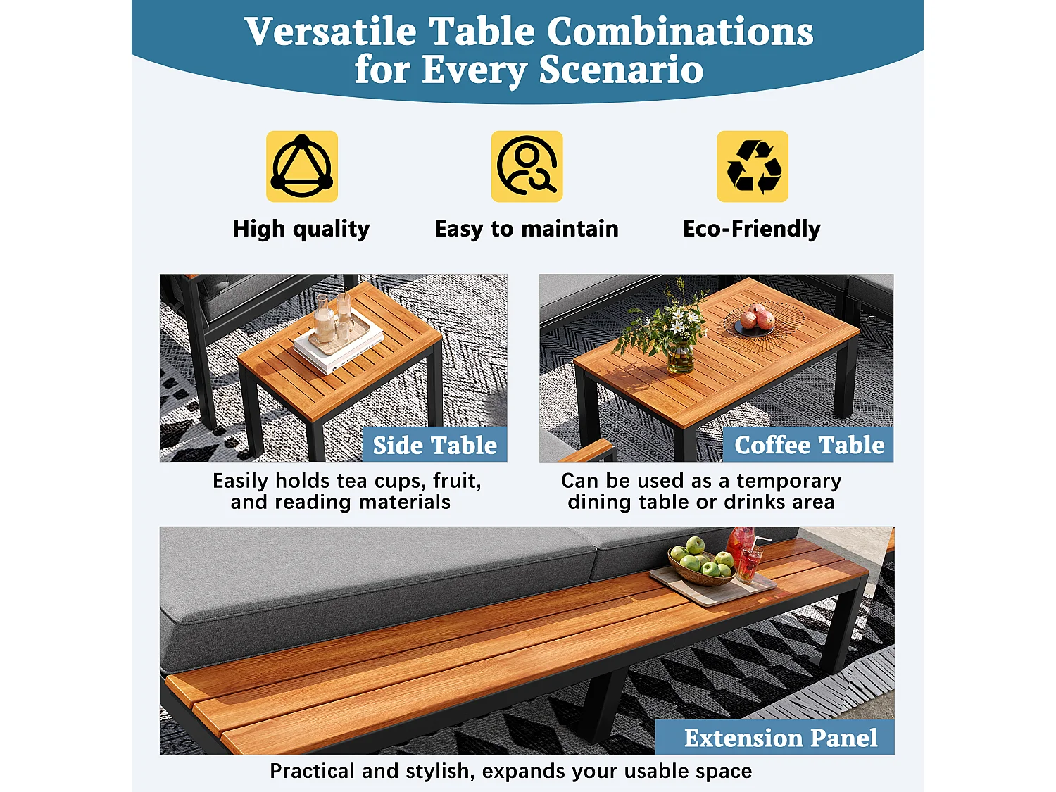 Ensemble de salon de jardin modulable - pour 6-7 personnes - structure en fer galvanisé - avec table basse et repose-pieds - Gris