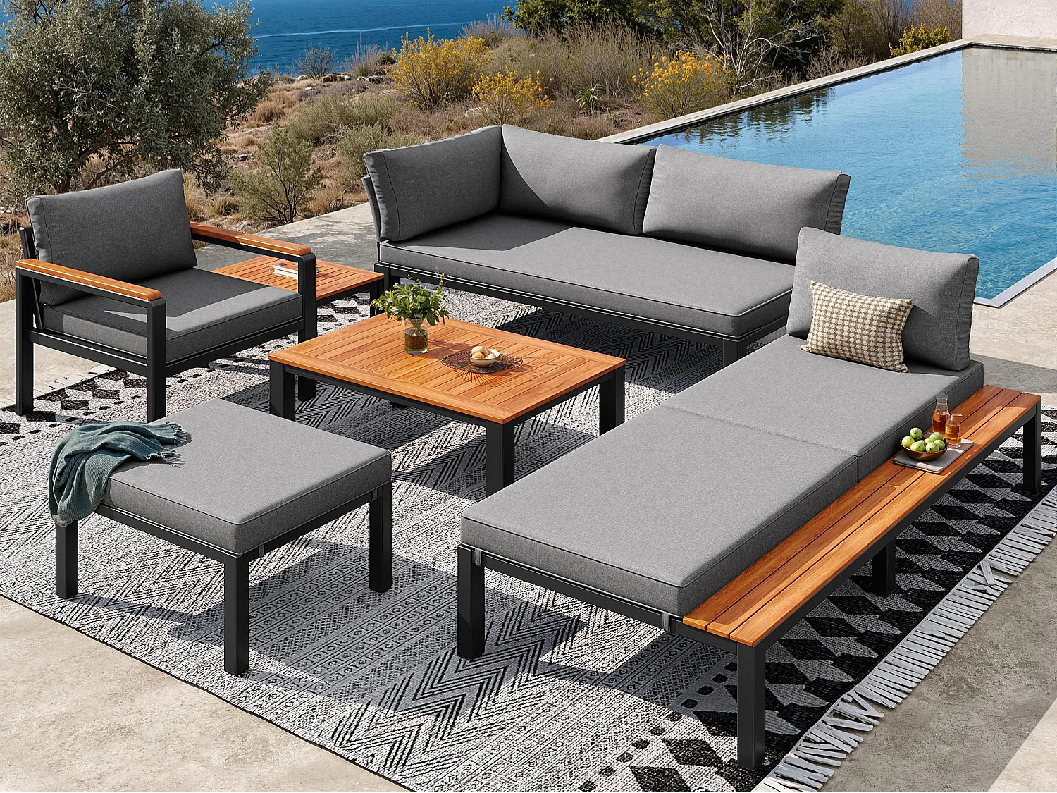 Modulares Garten-Salon-Set - für 6-7 Personen - Gestell aus verzinktem Eisen - mit Beistelltisch und Fußhocker - Grau