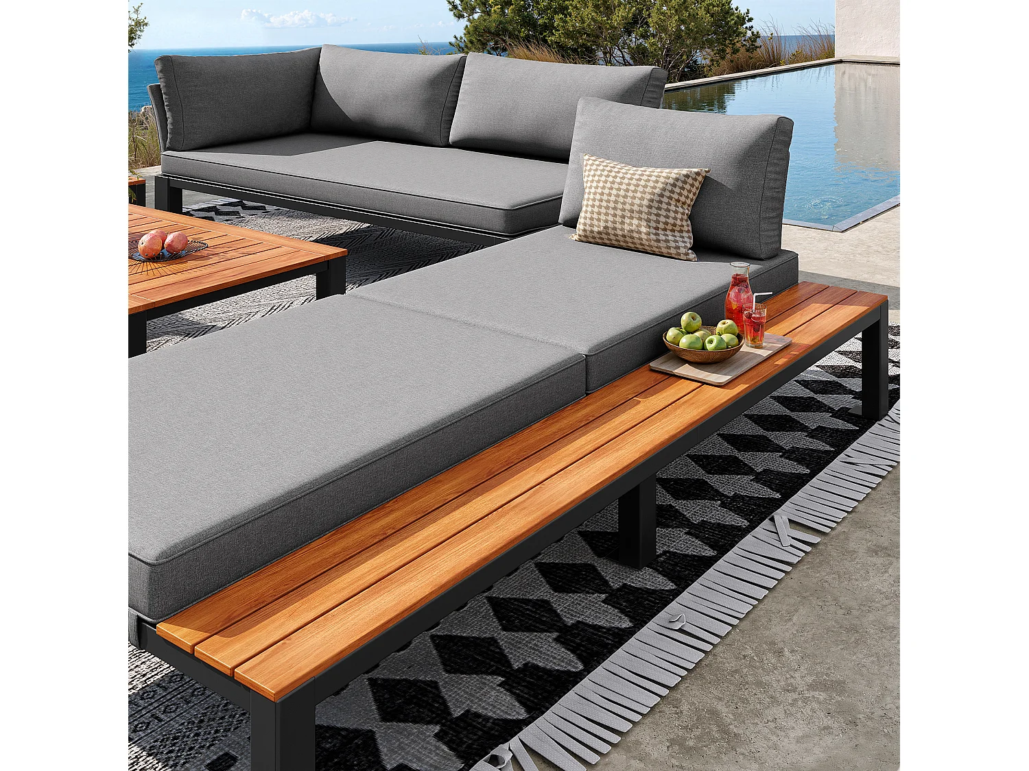 Modulares Garten-Salon-Set - für 6-7 Personen - Gestell aus verzinktem Eisen - mit Beistelltisch und Fußhocker - Grau