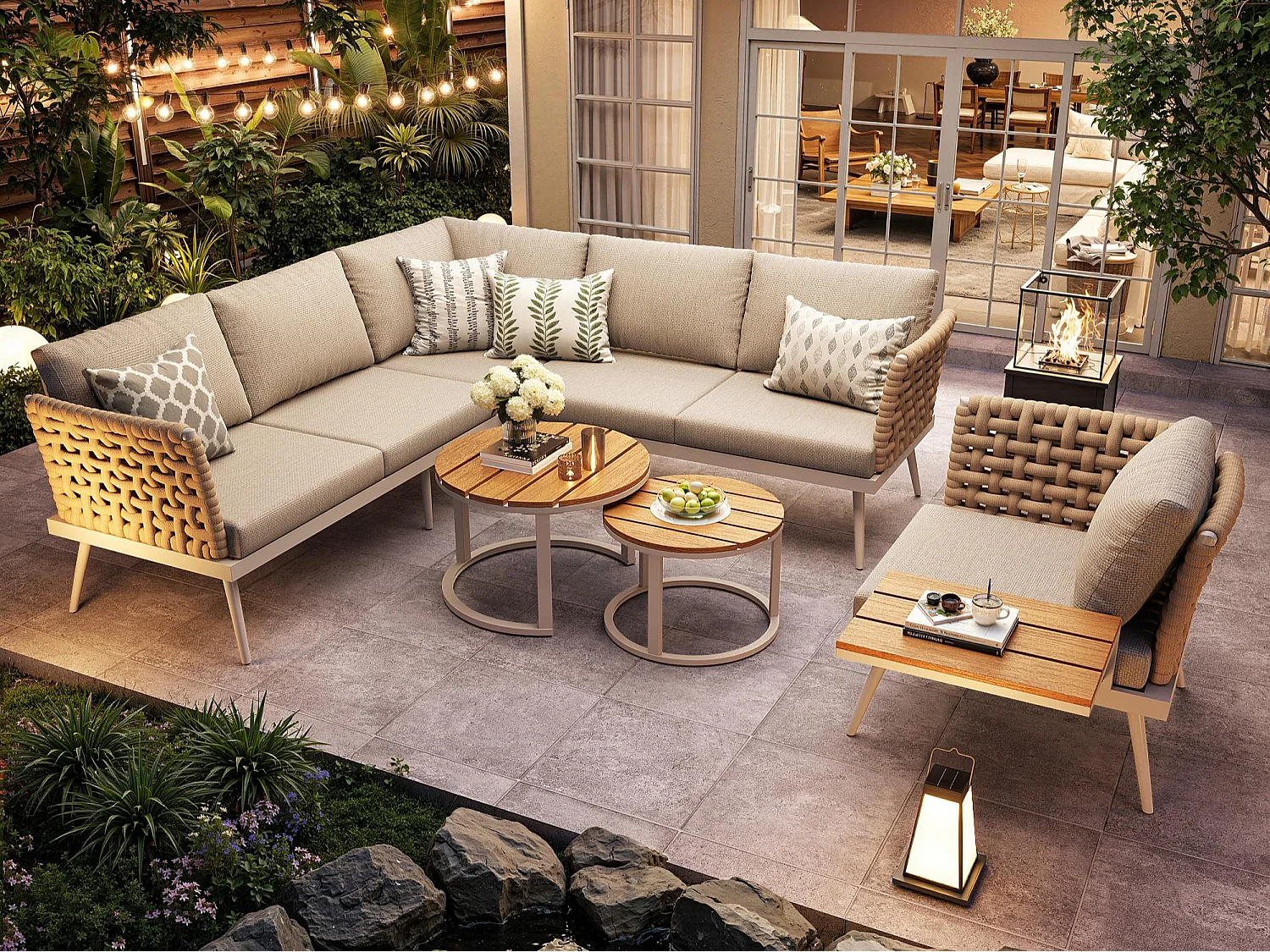 Salon de jardin, ensemble de meubles en rotin PE pour 6-8 personnes - canapé d'angle - en fer galvanisé - 1 fauteuil - table basse gigogne, Beige