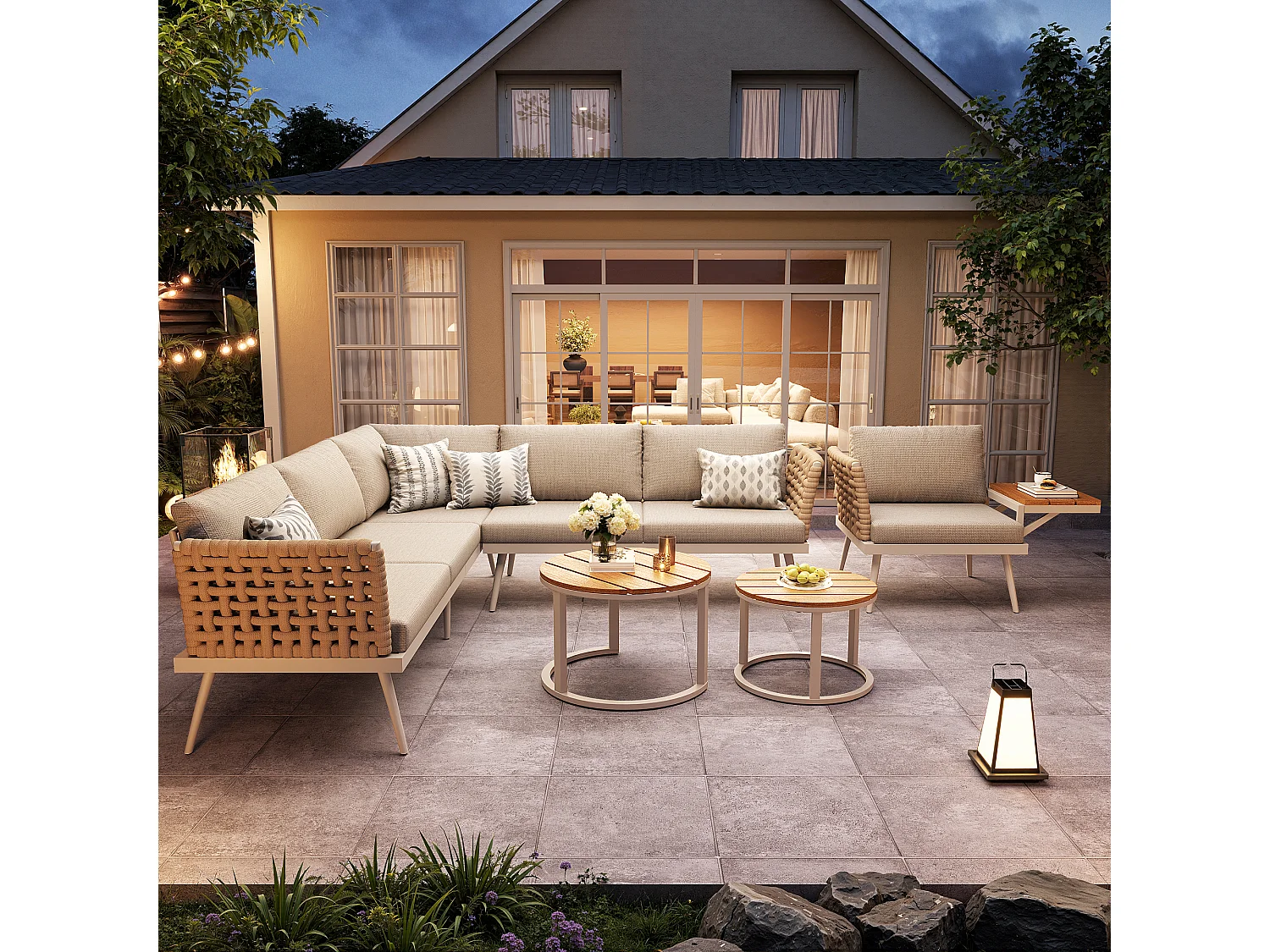 Salon de jardin, ensemble de meubles en rotin PE pour 6-8 personnes - canapé d'angle - en fer galvanisé - 1 fauteuil - table basse gigogne, Beige