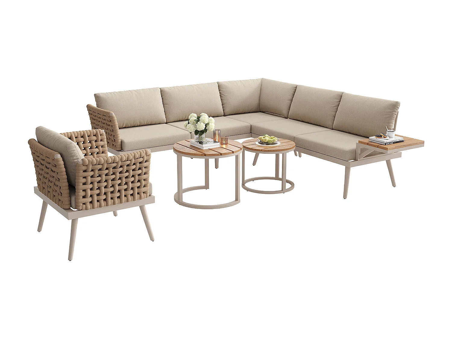 Salon de jardin, ensemble de meubles en rotin PE pour 6-8 personnes - canapé d'angle - en fer galvanisé - 1 fauteuil - table basse gigogne, Beige