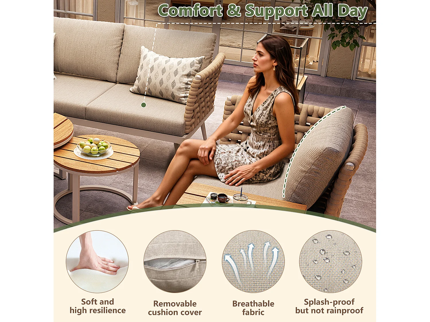 Salon de jardin, ensemble de meubles en rotin PE pour 6-8 personnes - canapé d'angle - en fer galvanisé - 1 fauteuil - table basse gigogne, Beige