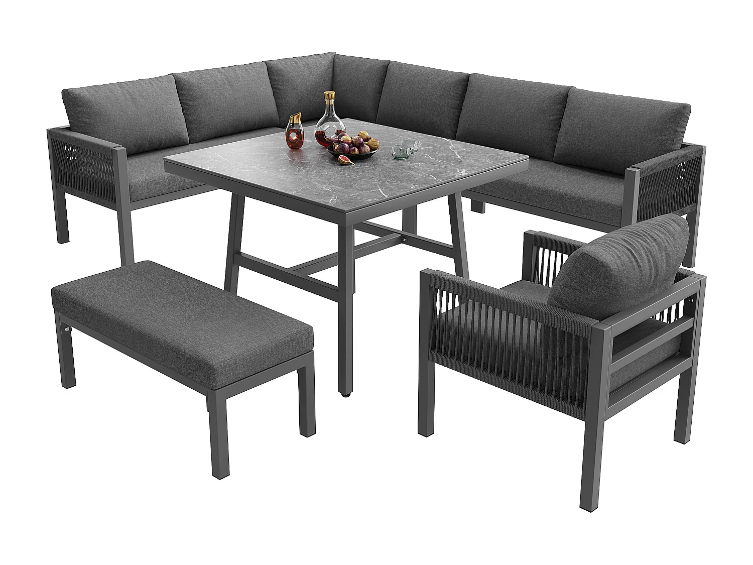 Salon de jardin, ensemble de meubles en rotin PE pour 6-7 personnes - cordage - canapé d'angle - en fer galvanisé - tables - fauteuils - banc, gris