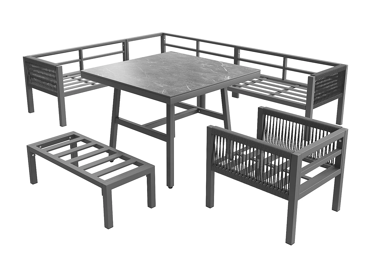 Salon de jardin, ensemble de meubles en rotin PE pour 6-7 personnes - cordage - canapé d'angle - en fer galvanisé - tables - fauteuils - banc, gris