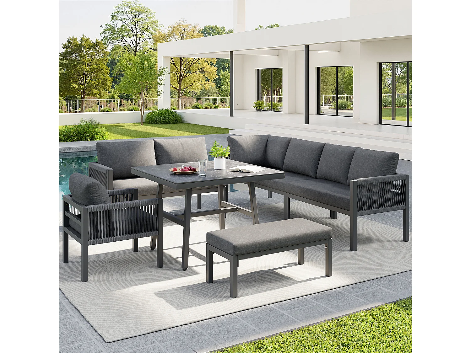 Salon de jardin, ensemble de meubles en rotin PE pour 6-7 personnes - cordage - canapé d'angle - en fer galvanisé - tables - fauteuils - banc, gris