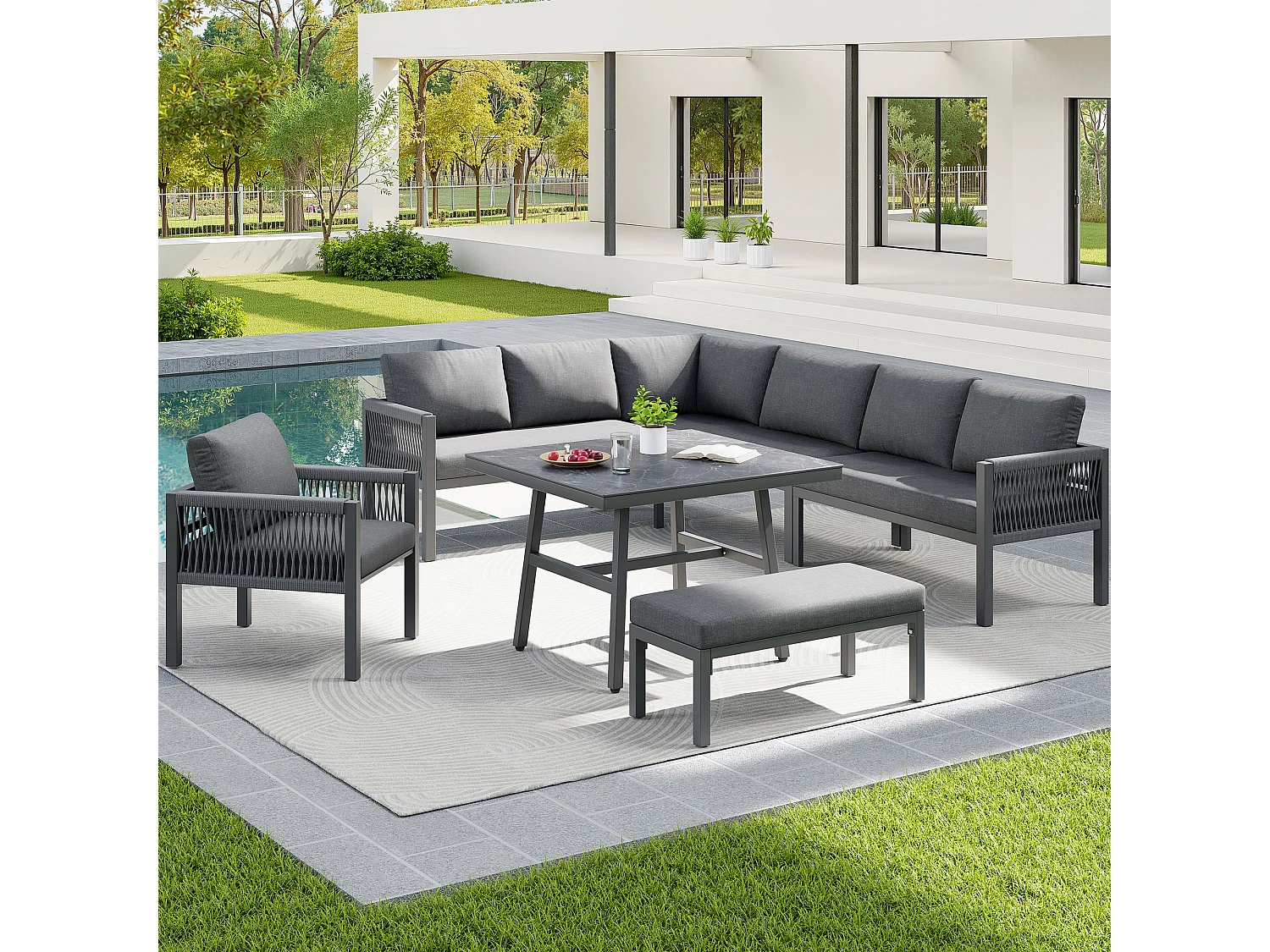 Salon de jardin, ensemble de meubles en rotin PE pour 6-7 personnes - cordage - canapé d'angle - en fer galvanisé - tables - fauteuils - banc, gris